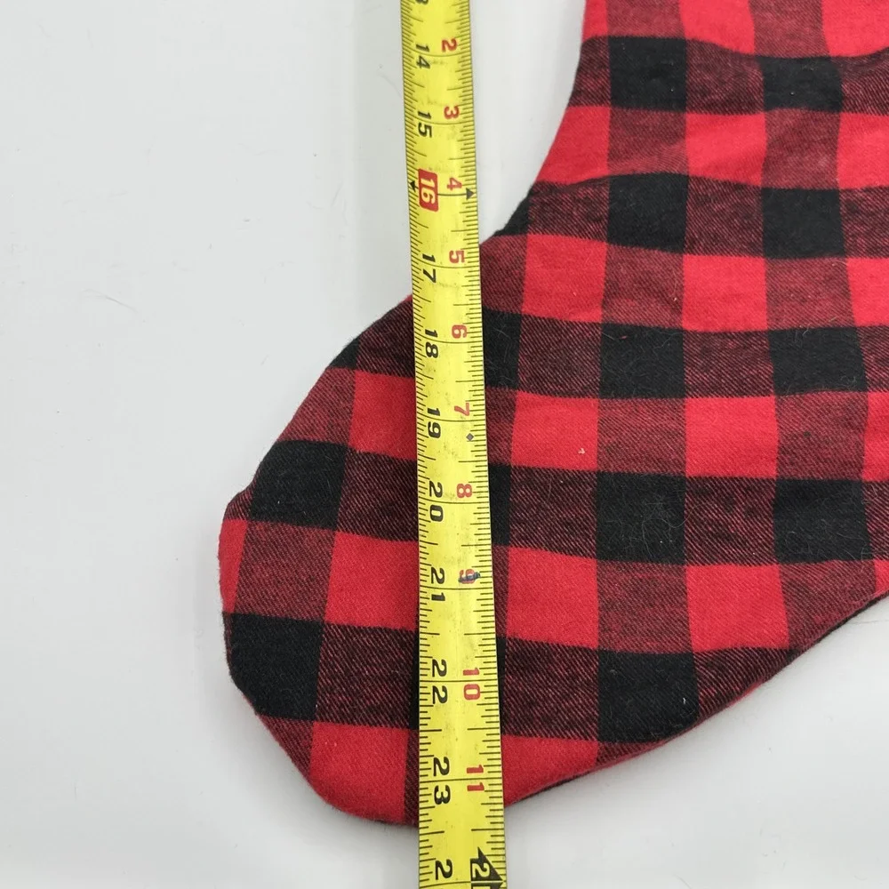 Large Red & Black Checker Plaid‎ Woven Stocking With Faux Fur Collar